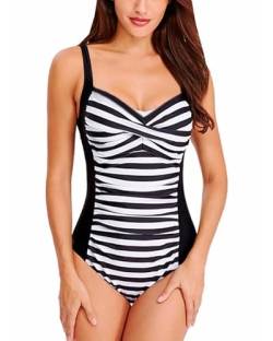 Erinnerda Bauchweg Damen Badeanzug Sexy Einteilige High Leg Cut One Piece Swimsuit mit Raffungen, Schwarz Gestreift, 38 von Erinnerda