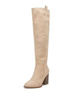 Ermonn Damen Winterstiefel aus Velourslederimitat, breite Wade, über dem Knie, seitlicher Reißverschluss, klobiger Absatz, Stretch, Oberschenkelhoch, beige, 38.5 EU von Ermonn