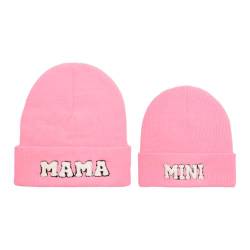 2PCS Eltern-Kind-Mütze Mama und Mini Hüte Mutter Tochter/Sohn Passende Mütze Winter Warme Strickmütze Beanie Cap, dunkelrosa, Einheitsgröße von Erying