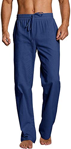 Erzto Herren Freizeithose Lang Leinenhose Leicht Sommerhose Männer Yoga Baumwolle Strandhose, Blau, M von Erzto