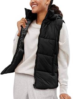 EsheSy Damen Puffer Weste mit Abnehmbarer Kapuze Ärmellose Full Zip Steppjacke Daunenjacke, Schwarz, S von EsheSy