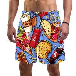 Eslifey Hamburger Hot Dog Pommes Coke Kaffee Pizza Muster Badehose Elastische Badeanzug Boardshorts für Herren, multi, XXL von Eslifey