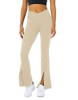 Damen Crossover High Waist Bootcut Yoga Hose Flutter Leggings Front Split Flare Bein Workout Pants Arbeitshose Kleid Hosen, khaki, Mittel von Esobo