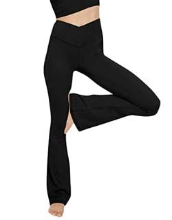Esobo Damen Bootleg Yogahose Crossover High Waisted Wide Leg Workout Flare Pants Bootcut Arbeitshose Kleid Pants, schwarz, M von Esobo