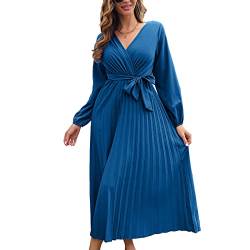 Damen Langarm Abendkleid A-Linie Kleid Plissiertes Maxikleid für Den Winter-Herbst(L-Blau) von Estink