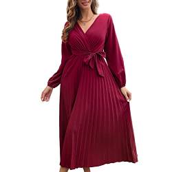 Damen Langarm Abendkleid A-Linie Kleid Plissiertes Maxikleid für Den Winter-Herbst(S-Weinrot) von Estink