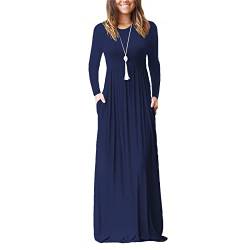 Damen Langarm Loose Plain Maxikleider Rundhalsausschnitt Seitentaschen Lässiges Langes Kleid(L-Purpurblau) von Estink