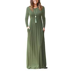 Damen Langarm Loose Plain Maxikleider Rundhalsausschnitt Seitentaschen Lässiges Langes Kleid(S-OD-Grün) von Estink