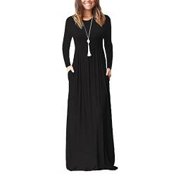 Damen Langarm Loose Plain Maxikleider Rundhalsausschnitt Seitentaschen Lässiges Langes Kleid(S-Schwarz) von Estink