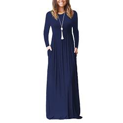 Damen Langarm Loose Plain Maxikleider Rundhalsausschnitt Seitentaschen Lässiges Langes Kleid(XXL-Purpurblau) von Estink