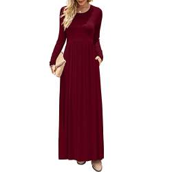 Damen Langarm Loose Plain Maxikleider Rundhalsausschnitt Seitentaschen Lässiges Langes Kleid(XXL-Weinrot) von Estink