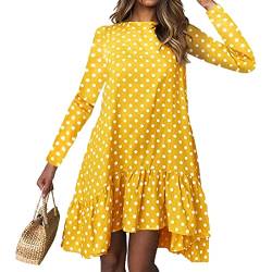 Damen Rundhalsausschnitt Casual T Shirt Kleid Polka Dot Langarm Tunika Kleid Frühling Sommer Herbst Strandkleider (L-Gelb) von Estink