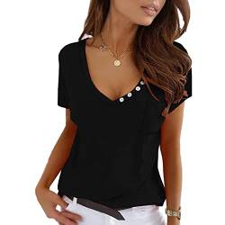 Damen T-Shirt, Damen Tops Kurzarm V Ausschnitt Sommer Oberteile Tops Casual Tunika Tee Locker mit Dekortasche (S-Schwarz) von Estink