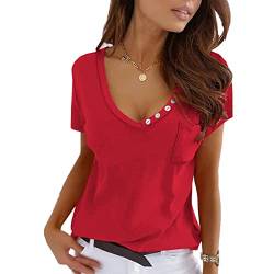 Damen T-Shirt, Damen Tops Kurzarm V Ausschnitt Sommer Oberteile Tops Casual Tunika Tee Locker mit Dekortasche (XL-Rot) von Estink