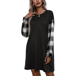 Damen T-Shirt Kleider Herbst Freizeitkleider Minikleid Langarm Lose Tunika Plaid Splice Longshirt (L-Schwarz) von Estink