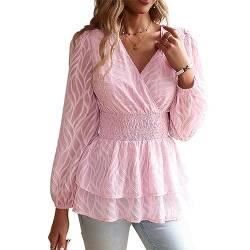 Damen-Tunika-Oberteil mit V-Ausschnitt und Schößchen, Elegante, Reine Farbe, Langärmelige Bluse mit Rüschensaum und Geraffter Taille (XL) von Estink