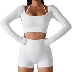 Damen Yoga Top Fitness Neckholder Langarm Crop Top T-Shirts mit Brustpolster (nur Top)(S-Weiß) von Estink
