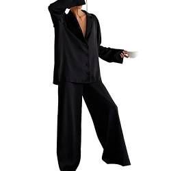 Estink 2-teiliges Langarm-Satin-Pyjama-Set für Damen, Revers-Button-Down-Oberteile, Lange Seidensatin-Loungewear (M) von Estink