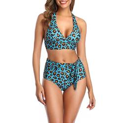 Estink Bikini-Sets für Damen, Halter Bikinioberteil mit vorderseitigem Knoten, hoch taillierte Tankini Hose mit Leopardenmuster (XL-Blau) von Estink