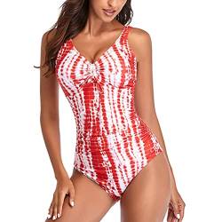 Estink Damen Badeanzug V-Ausschnitt Strandmode Swimsuit Bademode mit Kordelzug Bauchweg Sport Badeanzüge(L-roter Streifen) von Estink