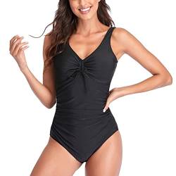 Estink Damen Badeanzug V-Ausschnitt Strandmode Swimsuit Bademode mit Kordelzug Bauchweg Sport Badeanzüge(M-Schwarz) von Estink