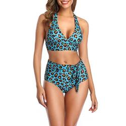 Estink Damen-Badeanzug mit Hoher Taille, 2-teilig, mit Leopardenmuster, Neckholder-Bikini-Sets, Badeanzug-Badebekleidung(3XL-Blau) von Estink