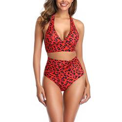 Estink Damen-Badeanzug mit Hoher Taille, 2-teilig, mit Leopardenmuster, Neckholder-Bikini-Sets, Badeanzug-Badebekleidung(L-Rot) von Estink