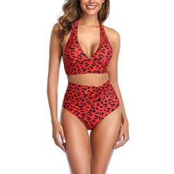 Estink Damen-Badeanzug mit Hoher Taille, 2-teilig, mit Leopardenmuster, Neckholder-Bikini-Sets, Badeanzug-Badebekleidung(XL-Rot) von Estink
