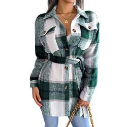 Estink Damen Karierte Jacke Revers Hals Knopf Lässige Plaids Wickelmantel Hemdjacke(XL-Grün) von Estink