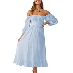 Estink Damen Kleid Schulterfrei Kleider Lässiges Schulterfreies Damen Kleid mit Halben Puffärmeln Cocktailkleid Strandkleid (S-Blau) von Estink