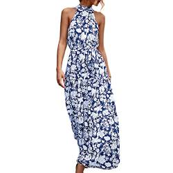 Estink Damen Sommerkleid Boho Maxikleid Strandkleid Neckholder Ärmelloses Maxikleid Lang Kleider Partykleid Cocktailkleid (S-Blaues Blumenmuster) von Estink