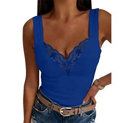 Estink Damen Spitzen Cami Top Ärmellos Spitzentop V-Ausschnitt Sommer Casual Oberteile Spitze Weste (L-Blau) von Estink