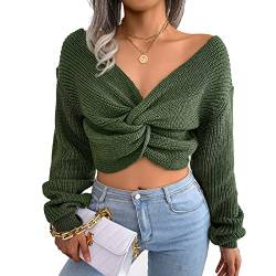 Estink Damen Strickpullover Sexy V Ausschnitt Pullover Tops Blusen Bauchfrei Oberteile Langarmshirt Pullover (L-Grün) von Estink