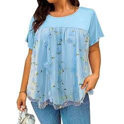 Estink Frauen Sommer Casual Plus Größe Top Casual Rundhals Doppel Schicht Kurzarm Lose Plissee Saum Spitze Bluse (3XL) von Estink