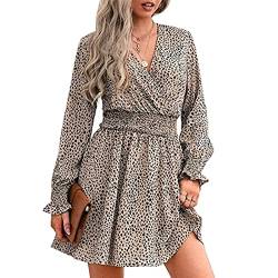 Frauen Langarm Kleid Wrap Tiefer V-Ausschnitt Verstellbare Taille Floral A-Linie Kurzes Kleid für Frühling Sommer Herbst(S-Aprikose) von Estink