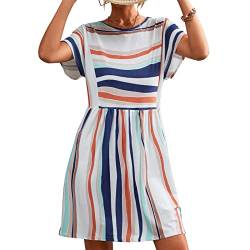 Lässiger Sommerkleid, Damen Gestreiftes Kleid Strandkleid, T -Shirt -Stil und Streifen gedrucktes Design, Lose Kleid(L-Orange-Weiß) von Estink