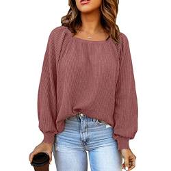 Pullover Damen Elegant Oberteile Schulterfrei Elegant Tops Pullover T-Shirt mit Puffärmeln (L-Rosa) von Estink