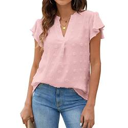 T-Shirt Oberteile Damen Shirt Sexy V-Ausschnitt Sommertop Einfarbig Elegant Blusen Rüschenärmeln, lockeres, Atmungsaktives(M-Rosa) von Estink