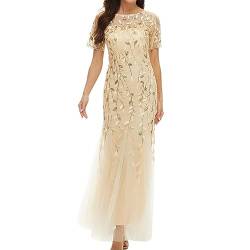 EsukAr Damen Abend Party Prom Glitzer Meerjungfrau Tüll Kleid Formale Kurze Ärmel Bodenlang Pailletten Kleid,Apricot Gold,S von EsukAr