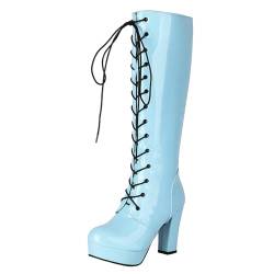 Etebella Damen Blockabsatz High Heels Plateau Kniehohe stiefel zum Schnüren Lack Knee High Boots Winter Moderne Schuhe(Blau,41) von Etebella
