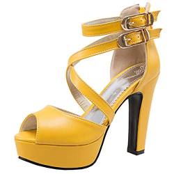 Etebella Damen Blockabsatz High Heels Plateau Sandalen Peeptoe Sommer Stiefeletten Moderne Schuhe(Gelb,41) von Etebella