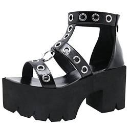 Etebella Damen Blockabsatz Plateau Gothic Sandalen High Heels Open Toe Punk Reißverschluss Schuhe (Schwarz,37) von Etebella
