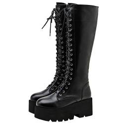 Etebella Damen Blockabsatz Plateau Gothic kniehohe Stiefel zum Schnüren Knee High Combat Boots Punk Kniestiefel High Heels (Schwarz 4,36) von Etebella