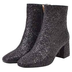 Etebella Damen Glitzer Stiefeletten mit Blockabsatz High Heels Ankle Boots Winter Brautkleid Schuhe (Schwarz,40) von Etebella