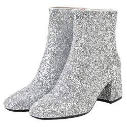 Etebella Damen Glitzer Stiefeletten mit Blockabsatz High Heels Ankle Boots Winter Brautkleid Schuhe (Silber,38) von Etebella
