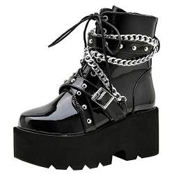 Etebella Damen Gothic Plateau Lack Ankle Boots Blockabsatz High Heels Schnürstiefeletten Punk Chain Schnalle Schuhe (Schwarz,34) von Etebella