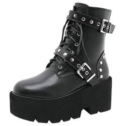 Etebella Damen Gothic Plateau Stiefeletten Blockabsatz High Heels Ankle Boots zum Schnüren Punk Schnalle Schuhe (Schwarz 1,42) von Etebella