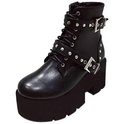 Etebella Damen Gothic Plateau Stiefeletten Blockabsatz High Heels Ankle Boots zum Schnüren Punk Schnalle Schuhe (Schwarz 2,39) von Etebella