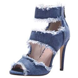 Etebella Damen Jeans High Heels Sommer Stiefeletten Peeptoe Stiletto Sandalen Cut Out Denim Sexy Schuhe(Blau,38) von Etebella