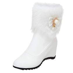 Etebella Damen Keilabsatz Stiefeletten mit Fell und Schleife High Heels Wedges Ankle Boots Rockabilly Warm Gefüttert Schuhe(Weiß,37) von Etebella